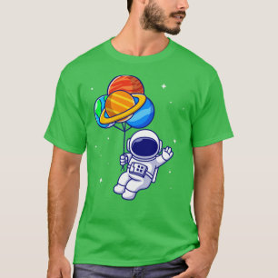 Camiseta Astronauta Cuta Flutuando Com Balões De Planeta Em
