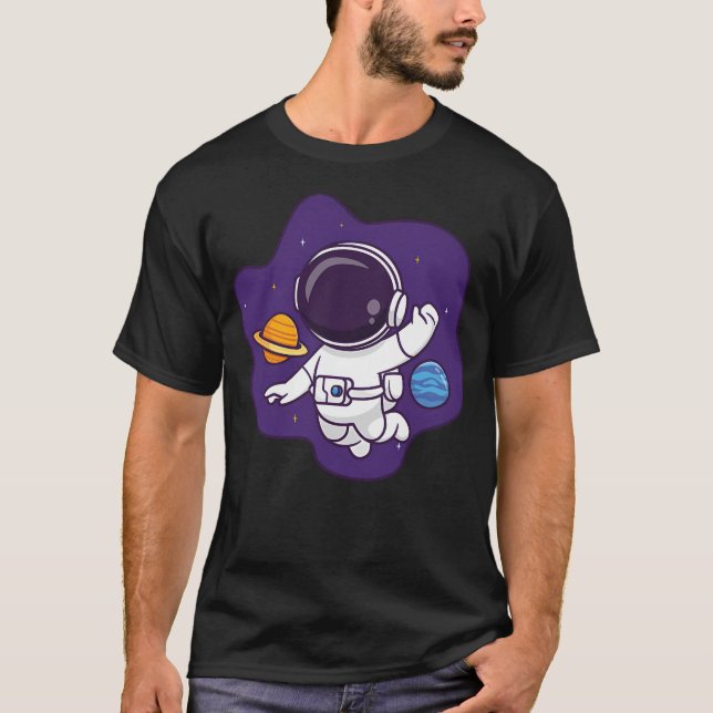 Camiseta Astronauta Cuta Flutuando No Espaço Com Planeta (Frente)