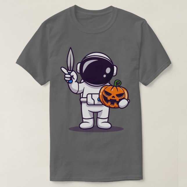 Camiseta Astronauta Cuta Segurando Faca E Cartoon De Abóbor (Frente do Design)