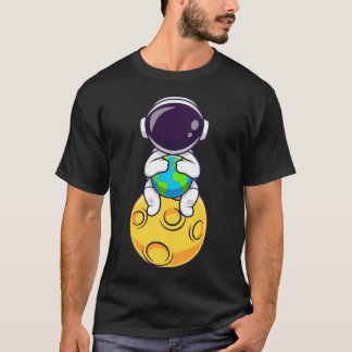 Camiseta Astronauta Cuta Sentada Na Lua Segurando A Terra C