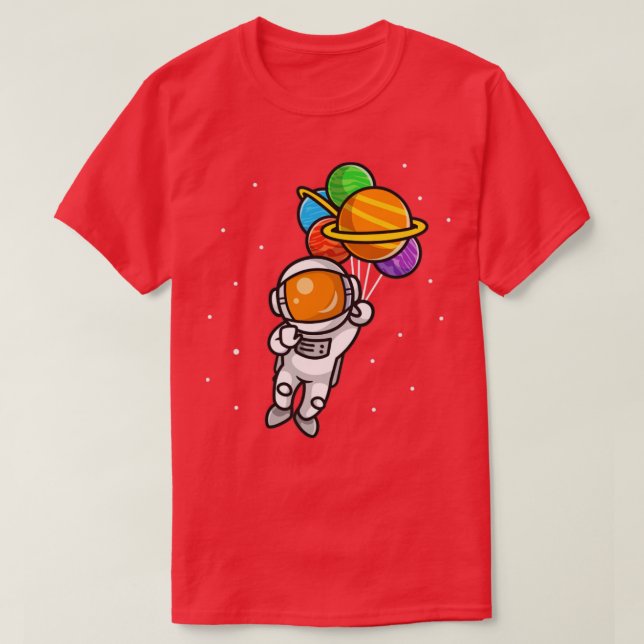 Camiseta Astronauta Cuta Voando Com Balões De Planeta No Es (Frente do Design)