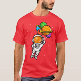 Camiseta Astronauta Cuta Voando Com Balões De Planeta No Es