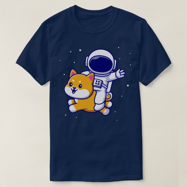 Camiseta Astronauta Cuta Voando Com Cão Shiba Inu No Espaço (Frente do Design)