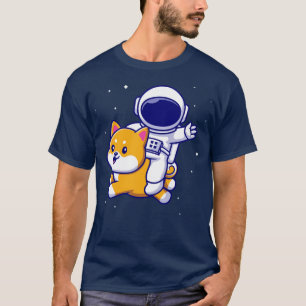 Camiseta Astronauta Cuta Voando Com Cão Shiba Inu No Espaço