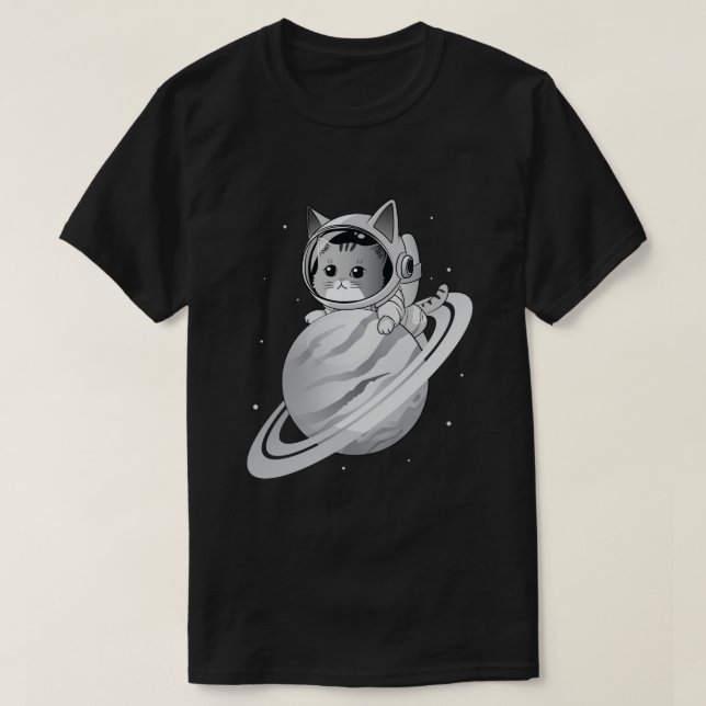 Camiseta Astronauta de Gato Espacial com Planeta Saturno (Frente do Design)