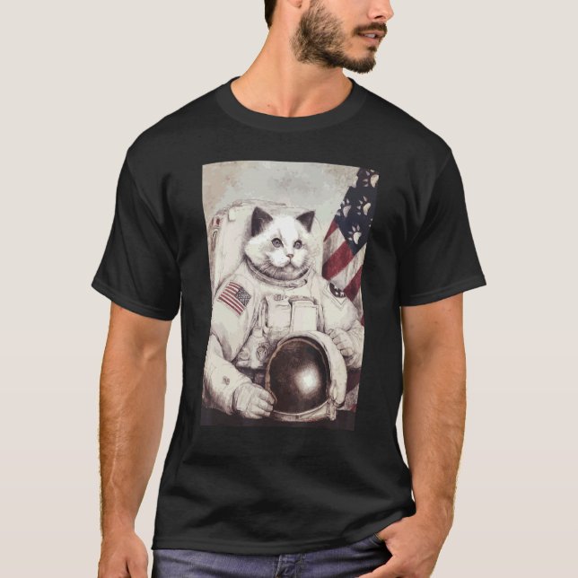 Camiseta Astronauta De Gato Patriótico Profundo No Co-Espaç (Frente)