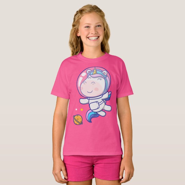 Camiseta Astronauta de unicórnio bonito flutuando no espaço (Frente Completa)