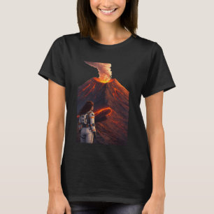 Camiseta Astronauta Enfrentando Vulcão em Erupção