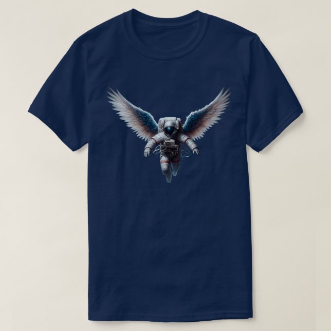 Camiseta Astronauta Engraçado com Asas de Anjo no Espaço (Frente do Design)