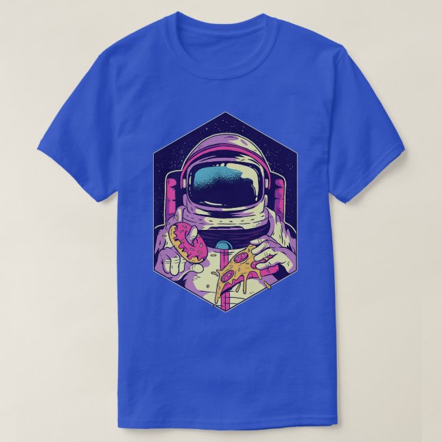 Camiseta Astronauta engraçado segurando pizza e Rosquinha E (Frente do Design)