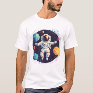 Camiseta Astronauta explorando sistema solar colorido