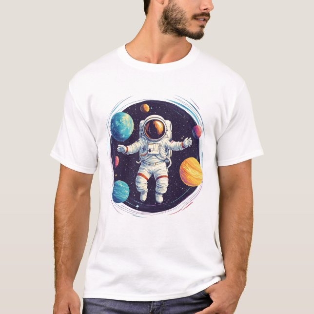 Camiseta Astronauta explorando sistema solar colorido (Frente)