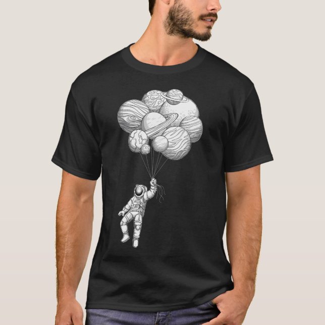 Camiseta Astronauta Flutuante Com Balões De Planeta Desenha (Frente)