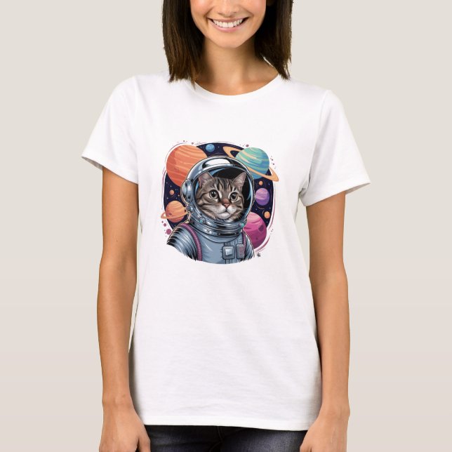 Camiseta Astronauta Gato Engraçado No Espaço (Frente)