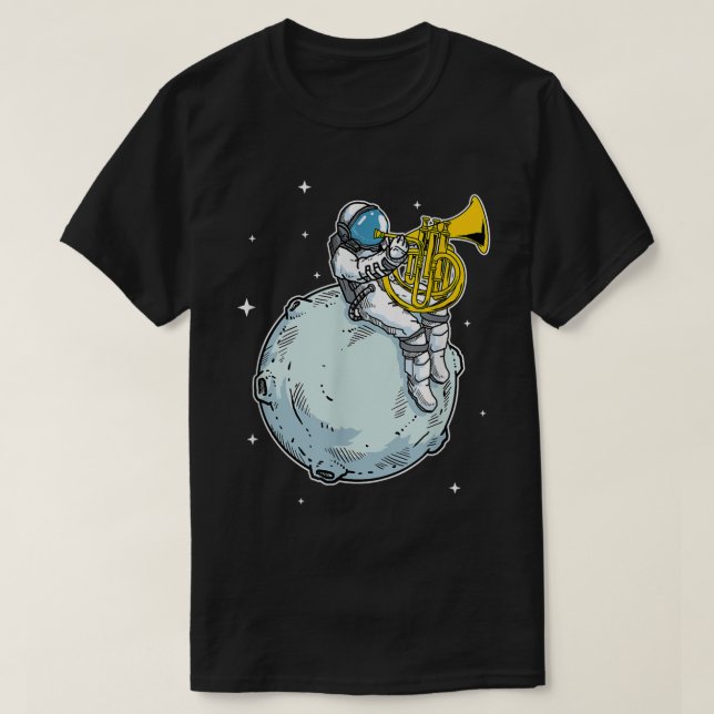 Camiseta Astronauta Jogando Corno Francês Oferece Música Ho (Frente do Design)