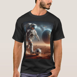 Camiseta astronauta jogando futebol