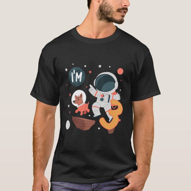 Camiseta Astronauta legal Tenho 3 Anos De Idade, Cão De Ani (Frente)