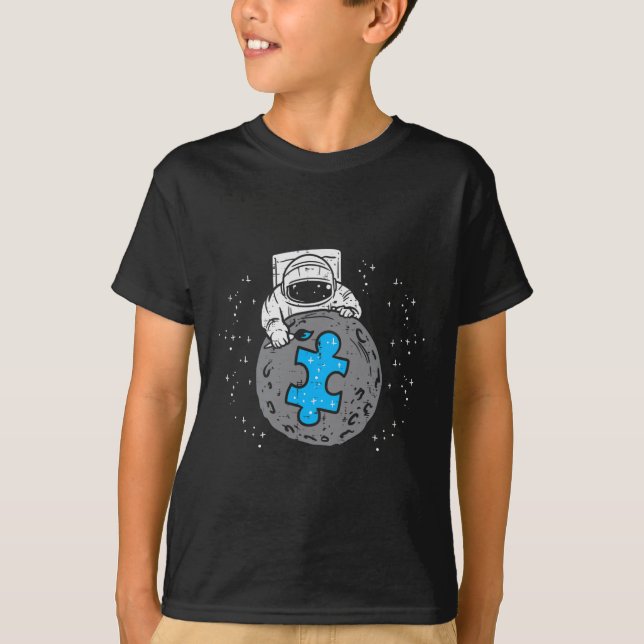Camiseta Astronauta Lua Azul Quebra-cabeça Piece Autismo Co (Frente)