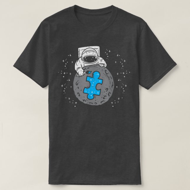Camiseta Astronauta Lua Azul Quebra-cabeça Piece Autismo Co (Frente do Design)