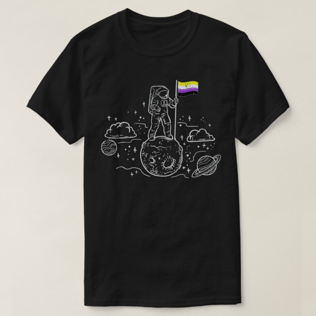 Camiseta Astronauta Lua Não Binária Sinalizador Espaço LGBT (Frente do Design)