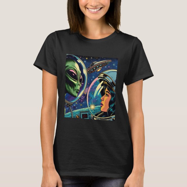 Camiseta Astronauta Mulher Encontra Alienígena Extraterrest (Frente)