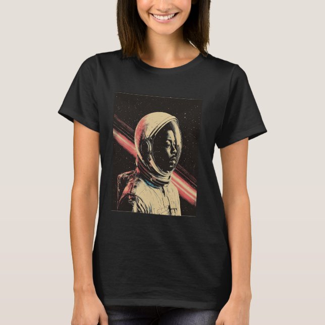 Camiseta Astronauta Negro Retro Explorando o Espaço Sideral (Frente)