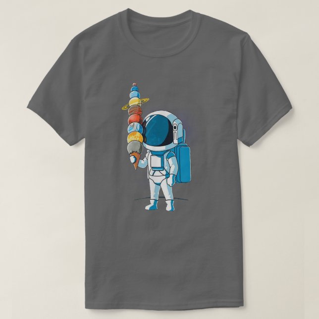 Camiseta Astronauta por Sorvete no Espaço Segurando o Plane (Frente do Design)