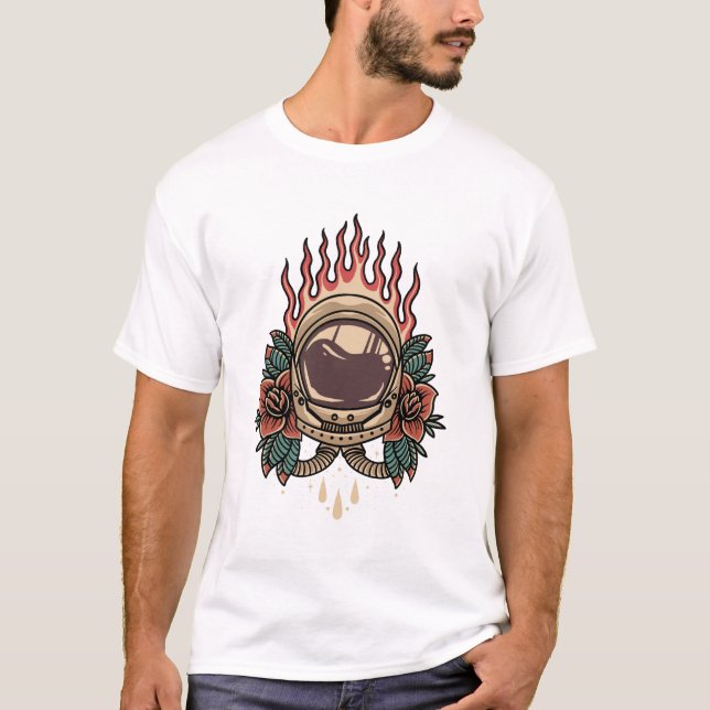 Camiseta Astronauta que rosa chama tatuagem design (Frente)
