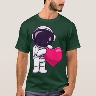 Camiseta Astronauta Segurando Cartoon do Coração do Amor