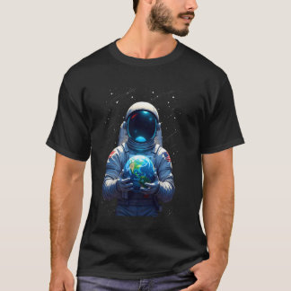 Camiseta Astronauta Segurando Planeta Terra Feliz Dia da Te