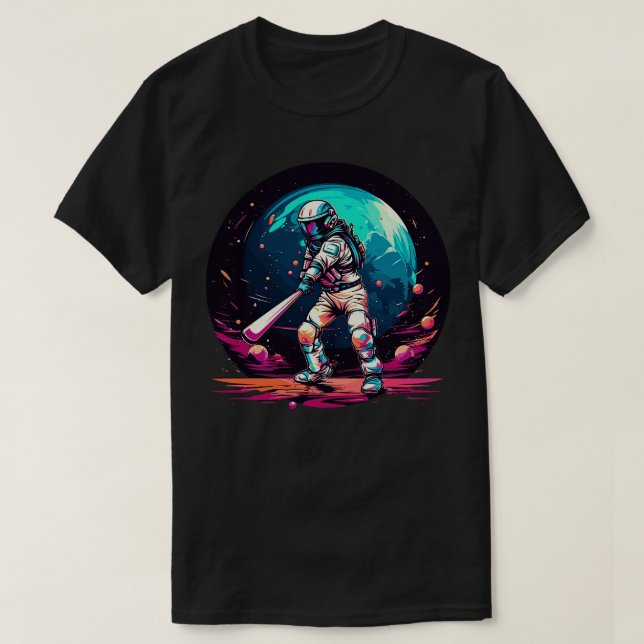 Camiseta Astronautas jogando beisebol no espaço (Frente do Design)