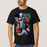 Camiseta Astronautas Vintage Science Fiction consertando um<br><div class="desc">Ilustração vintage: aliens futuristas de ficção científica e imagem de robôs apresentando um homem trabalhando em seu robô metálico. Um astronauta é um piloto que controla os controles do seu foguete. Retro clássico com estilo cômico de 50 s design de ficção científica.</div>