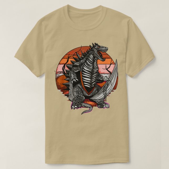Camiseta Atacando dinossauro com sol ao fundo (Frente do Design)