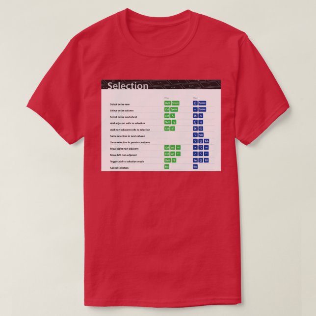 Camiseta Atalhos de Teclado do Excel de Seleção (Frente do Design)