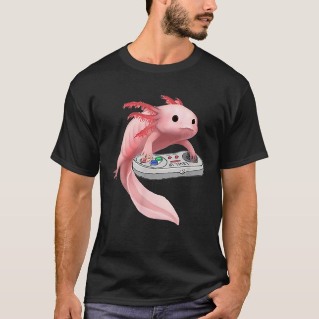 Camiseta Ataque de Peixes Cudos Axolotl Jogando Vídeo - Ama (Frente)