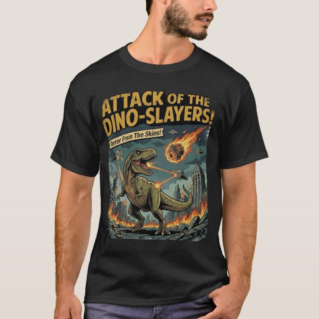 Camiseta Ataque dos Matadores de Dinossauros! Retro Ficção  (Frente)