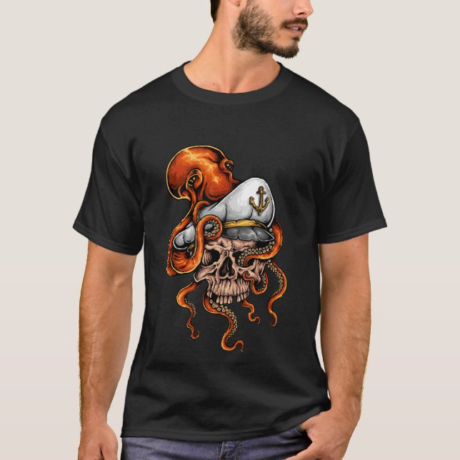 Camiseta Ataque Octopus Capta Náutico Crânio (Frente)
