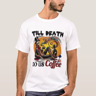 Camiseta Até a morte nos faz esqueleto de café com gato