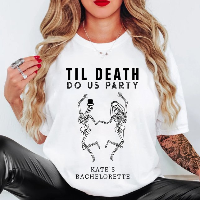 Camiseta Até que a Morte nos Separe Casal de Esqueleto Solt (Til Death Do Us Party Skeleton Couple Bachelorette T-Shirt
)