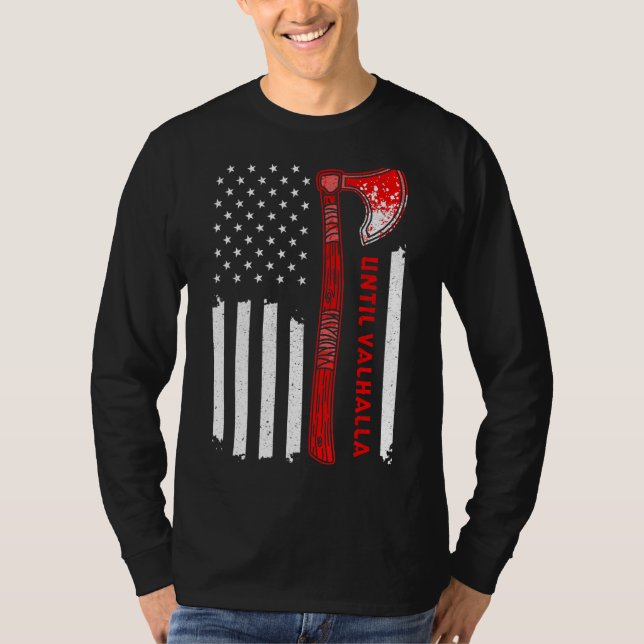 Camiseta Até Valhalla American Flag U2013 Vikings Ax Or (Frente)