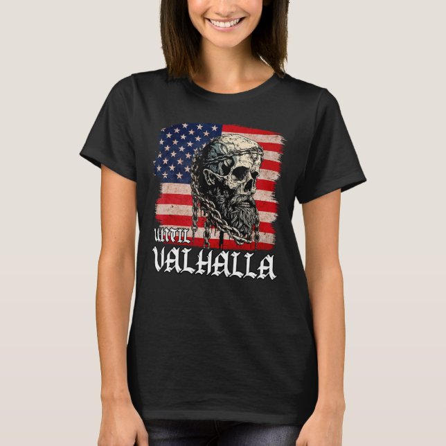 Camiseta Até Valhalla American Viking US Flag Vintage (Frente)