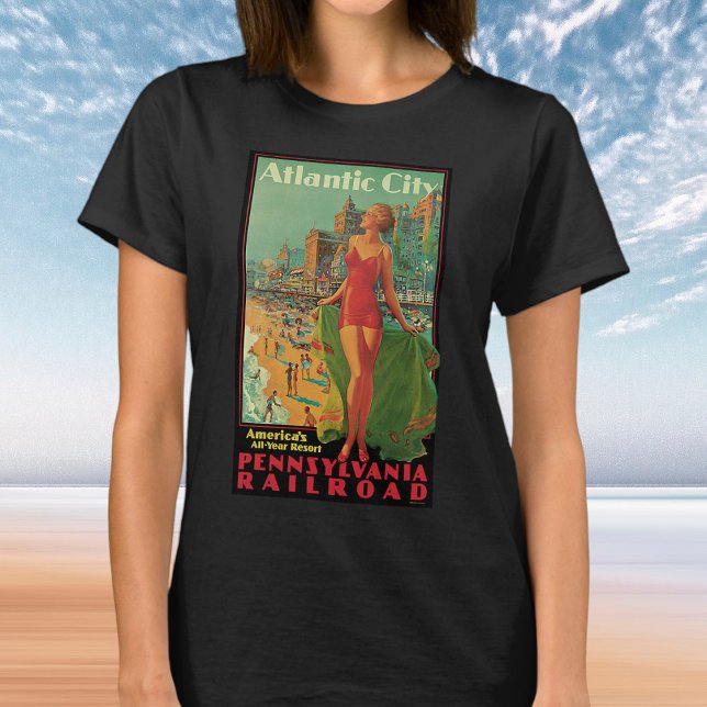 Camiseta Atlantic City Resort, Pensilvânia Railroad Viagem (Vintage Pennsylvania Railroad Travel Poster Atlantic City Resort Beach Blonde Pinup Girl T-Shirt)