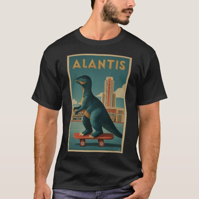 Camiseta Atlantis” Art Deco Dino on Skateboard (Frente)