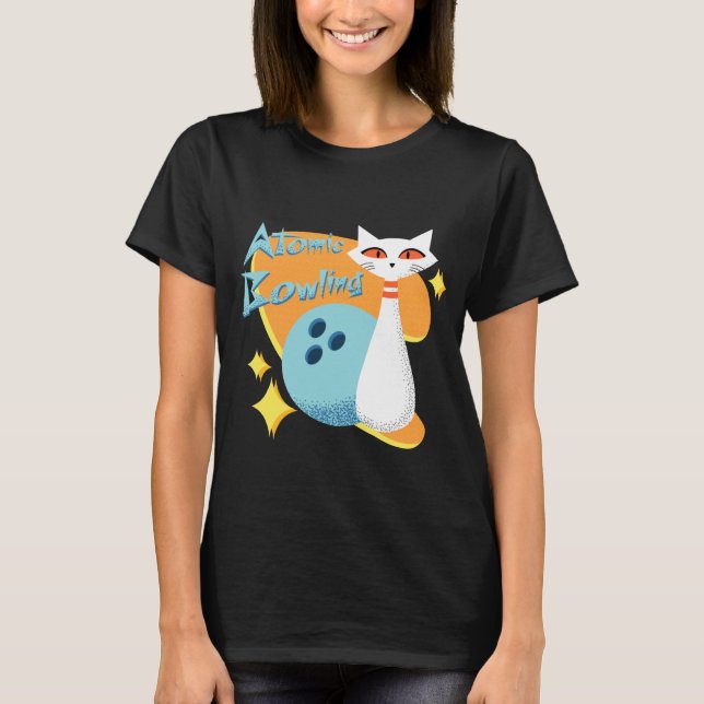 Camiseta Atomic Cat in Mid-Century Modern Bowling Design (Frente)