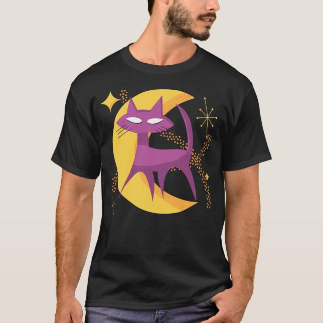 Camiseta Atomic Cat in Moon Mid-Century Modern Halloween Sc (Frente)