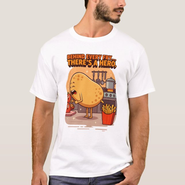 Camiseta Atrás de cada Fry... há um Herói - Cartoon Engraça (Frente)