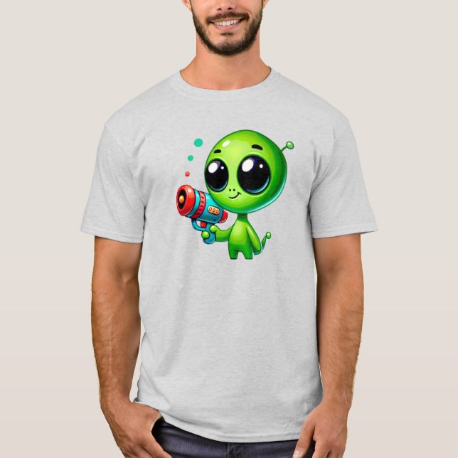 Camiseta Attaque d'alien au pistolet à bulles. (Frente)