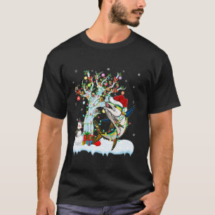 Camiseta Atum Peixe Xmas Iluminação Árvore Santa Hata Peixe