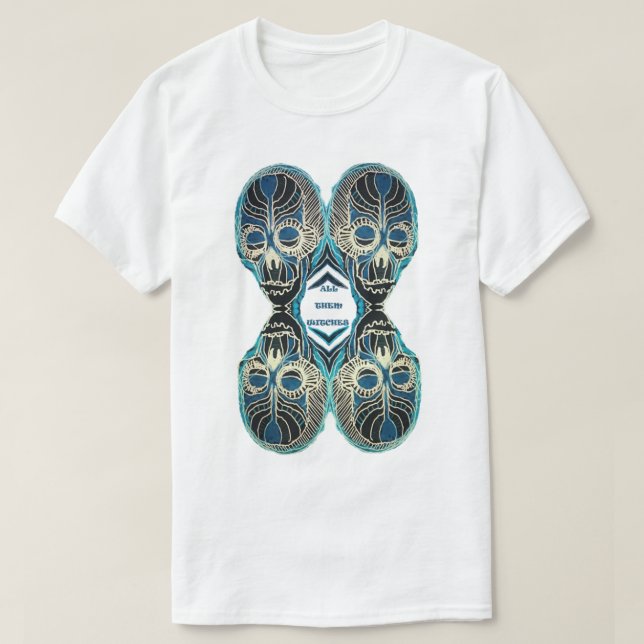 Camiseta ATW. Todas elas brutam preto e azul 4 crânios (Frente do Design)