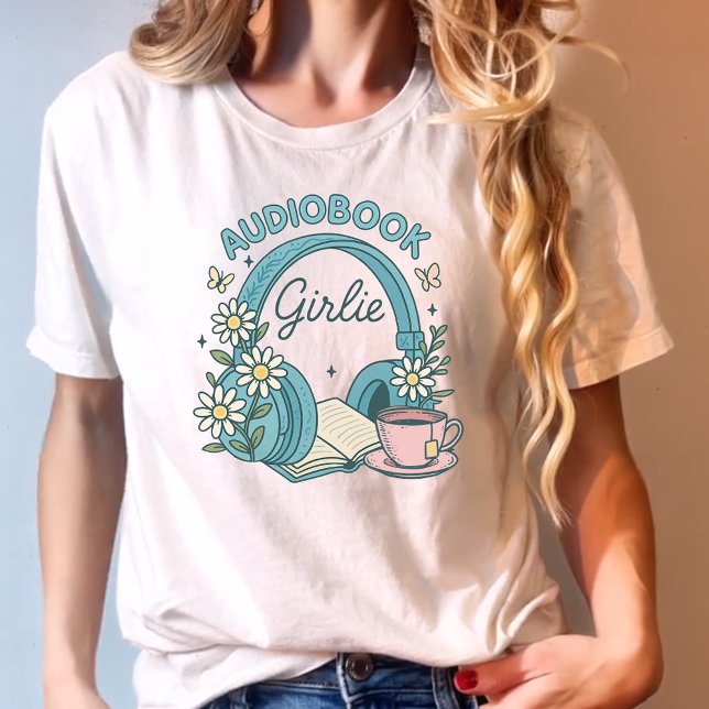 Camiseta Audiobook Girlie Blue Books e Fones de ouvido (Criador carregado)